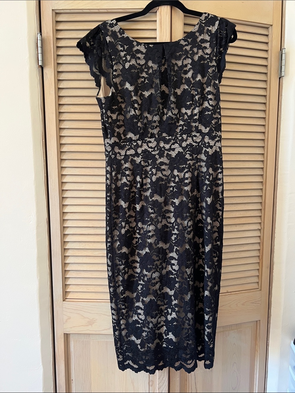ABS Allen Schwartz Black Lace Sheath Midi Dress with Nude Lining L